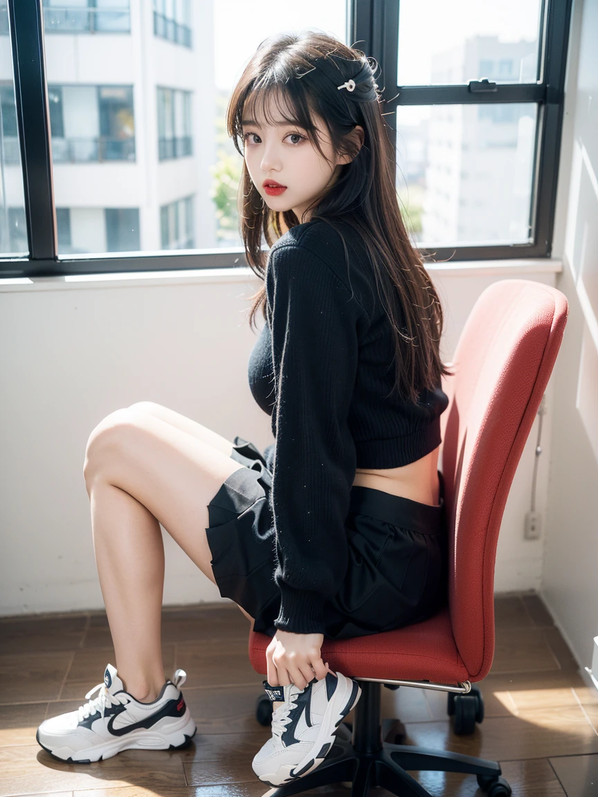 Black sweater，schoolgirls，Long black hair with bangs，Pink hairpins，black colored leggings，White board shoes，white short socks，adolable，‎Classroom，Hands behind your back，耳Nipple Ring