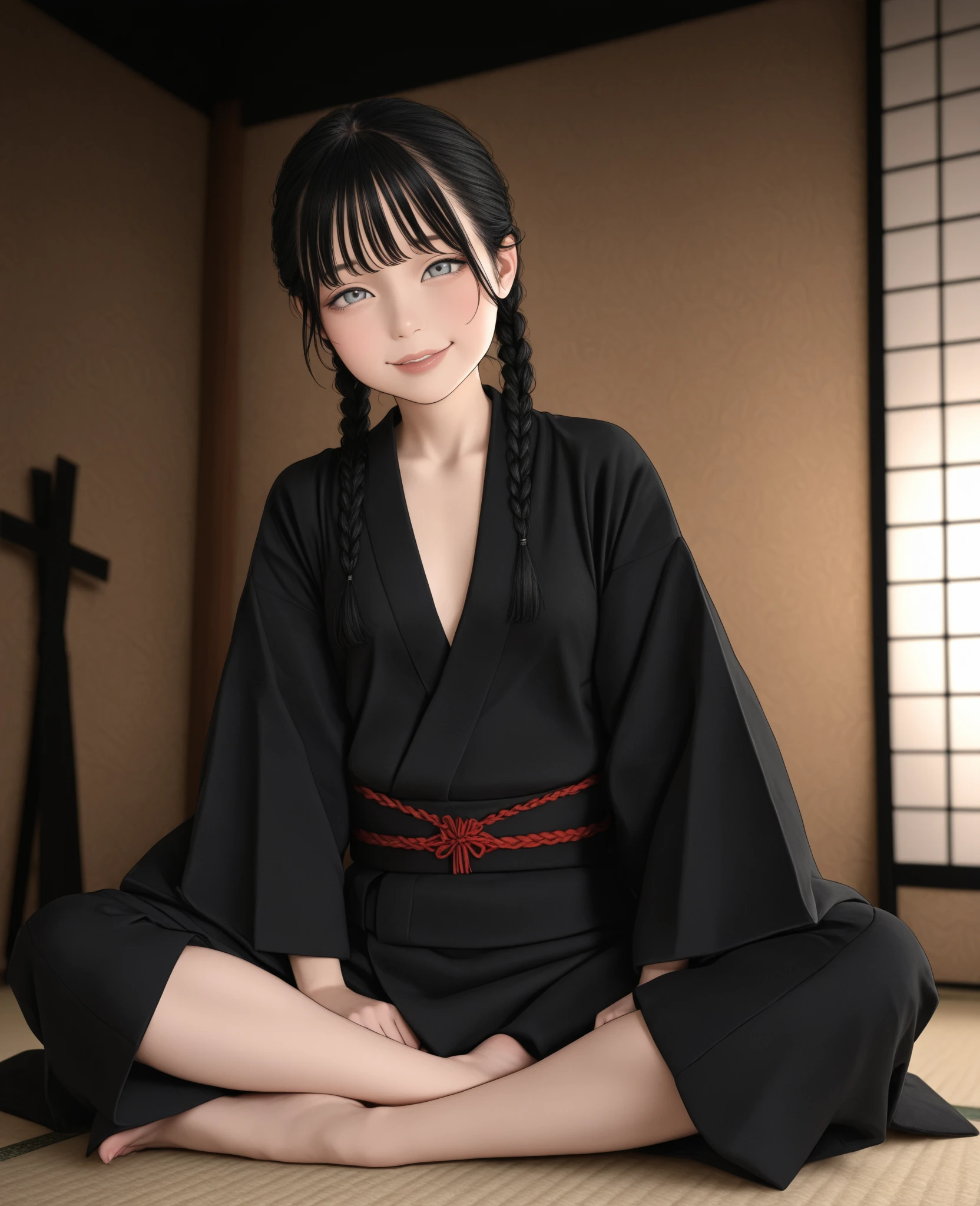 A black-haired girl sitting upright in a kendo uniform