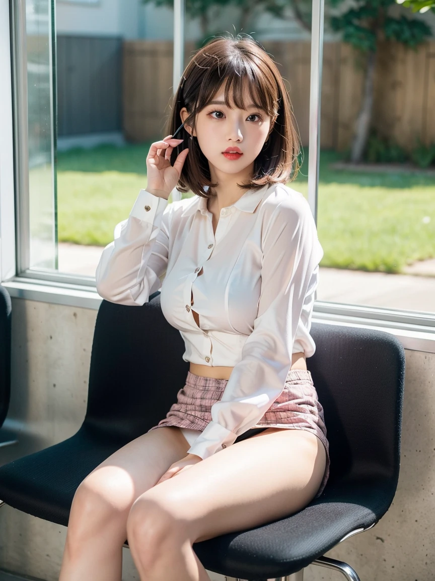 　(Highest quality、8k、32K、masterpiece、Hmph:1.2)、(masterpiece, Highest quality), Realistic photos, high school girl、very cute、、Short Bob Cut、sexy、Instagram, Bright colors, High Dynamic Contrast, Slender figure、thin、Small, shapely breasts、One person、Gray Hair、 Purple eyes, Lips parted, blush, compensate, 軽いsmile, A thin white short-sleeved shirt that is slightly translucent.、sexy、Yellow exy、Sweat, Wet, light, Shine,  Tight waist, (masterpiece), Pink Wallpaper、Sitting in a chair、I can see your thighs、sexy、smile