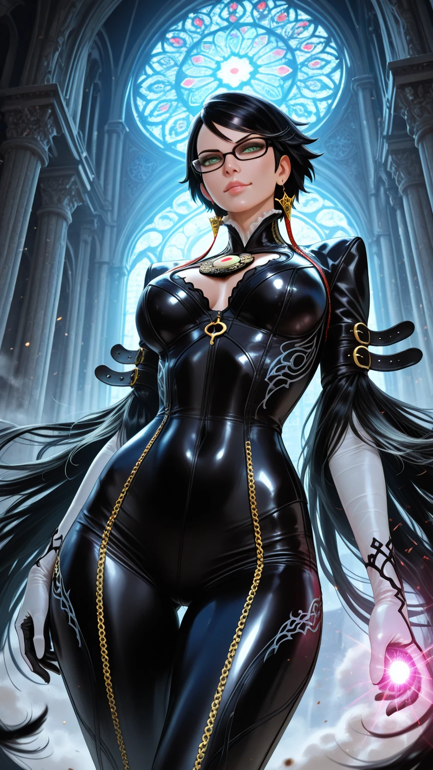 ((masterpiece)),((best quality)),((absurdres)),((ornate)),<lora:bayonetta_1_aiwaifu_v50:0.8>,straight-on,upper_body,pose,looking_at_viewer,bayonetta_1_aiwaifu,aiwaifu,black_hair,glasses,blue_eyes,mole_under_mouth,very_long_hair,jewelry,large_breasts,earrings,ribbon,bodysuit,gloves,hair_ribbon,makeup,lipstick,cleavage_cutout,cleavage,amulet,chain,elbow_gloves,bangs,gold_chain,skin_tight,toned,curvy, narrow waist, solo,mature_female,looking_at_viewer,indoors,altar,church,stained_glass,arch,light_rays,incense,pillar,candlelight,cathedral,sidelighting,light_particles,blurry_background,colorful,bokeh,(novel_illustration:1.221),(incredibly_absurdres:1.221),(ornate_clothes:1.221),(dappled_sunlight:1.221),(depth_of_field:1.221),(scenery:1.221),(realistic:1.221),(masterpiece:1.221),