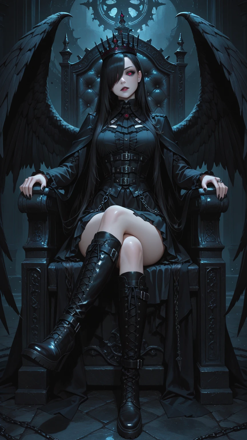 un primer plano de una mujer sentada en una silla con alas, gothic fantasy art, Vampiro femenino con alas de cuervo, gothic art style, neogothic art, gothic art, the villain has black angel wings, Detailed 3D Gothic oil painting, y mumford tom bagshaw, female lord of change, Alas de plumas oscuras, in style of dark fantasy art, Dark fantasy style art..