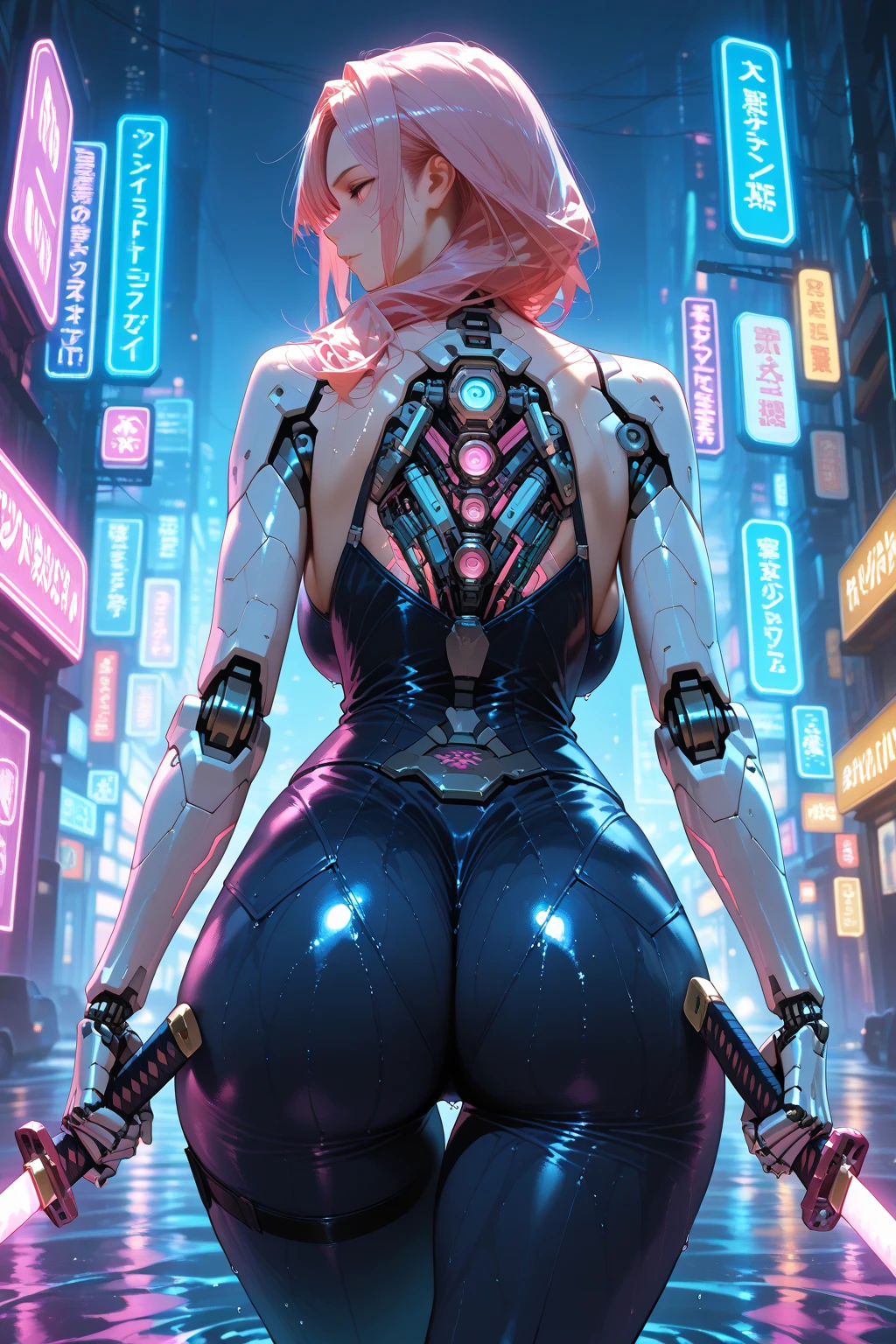 (masterpiece), (best quality:1.4), (perfect anatomy:1.4), high quality, expressive eyes, full body, tall girl, detailed face, beautiful face, perfect face, breasts, cleavage, gloves, A photograph of mid-twenties Japanese female android made of shiny white and silver translucent glass and plastic, geisha makeup and hairstyle, silver metal internal body mechanisms, dynamic pose, flowing organic construction, glowing golden circuitry, colorful neon trim, glowing circuitry, neon trim, depth of field focus f/2.8, art by H.R. Giger, Greg Rutowski, bodysuit, thick thighs, toned, emblem, superhero, dynamic lighting, 4k resolution, dynamic pose, weapon, energy weapon, cover, mecha musume, fortified suit, mechanical parts, headgear, robot joints, bodysuit, deva battle suit, gloves,