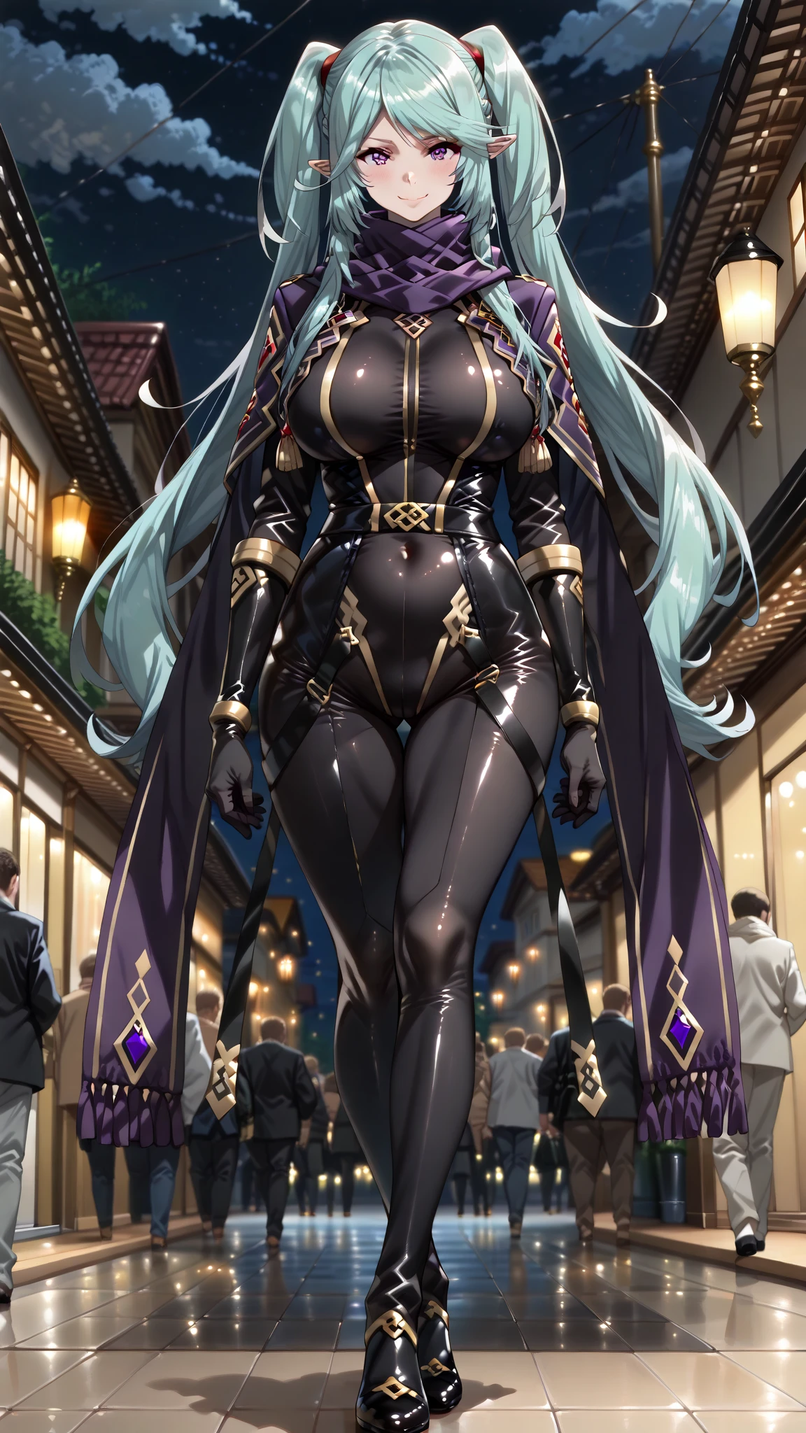 shiny gold, shiny accessories, shiny dark skin reflecting light, shiny glowing eyes, shiny effect, earrings, thigh garter, armlet, bracelet, necklaces, 1 hot girl, dark skin, purple high-slit dress, low-cut cleavage, halter neckline, thigh cleavage, street sidewalk, fog, night city