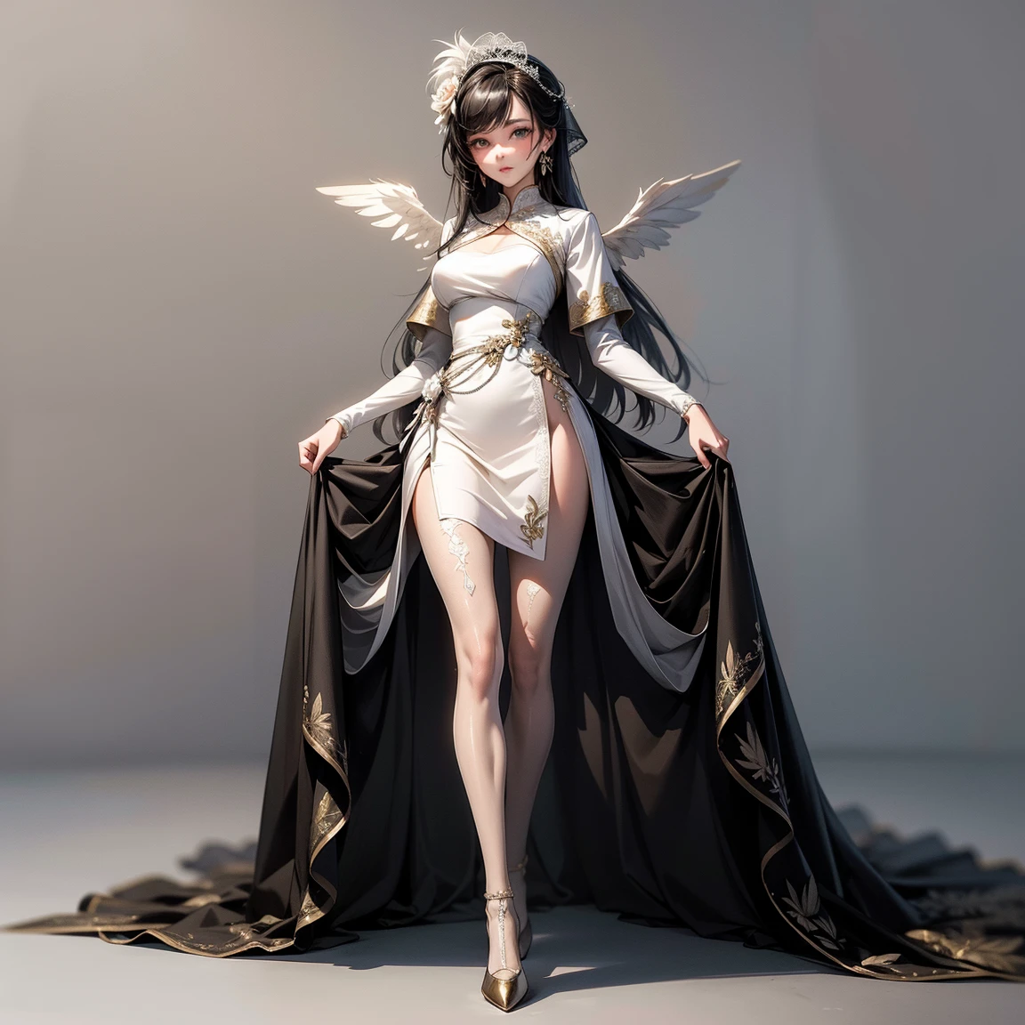 ((best quality)), ((masterpiece)), (detailed), perfect face, Character design, female, long black hair, wearing a black angelic dress with silver details, white eyes, small frame, very skinny, detailed, best quality, no accesoires around the neck, no shoes, prominent collarbones, skinny arms, flat stomach, visible hip bones, full body, fangs, pale skin, angelic