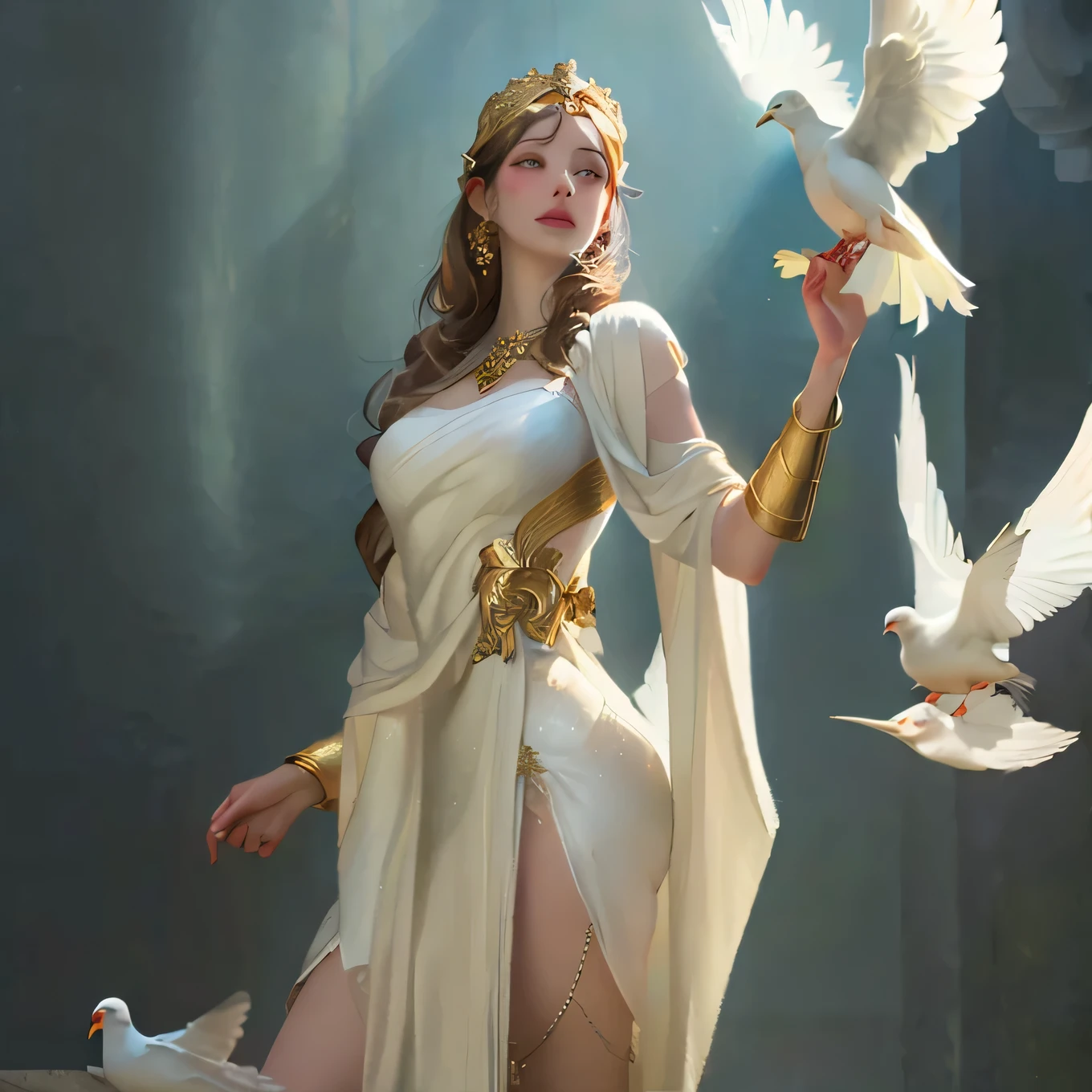 a woman in a white dress holding a white dove and a white dove, goddess of greek mythology, greek goddess athena, athena goddess of wisdom, greek goddess, goddess of love and peace, beautiful goddess, aphrodite goddess of love, beautiful maiden, a stunning portrait of a goddess, the goddess hestia, greek myth digital painting, young goddess