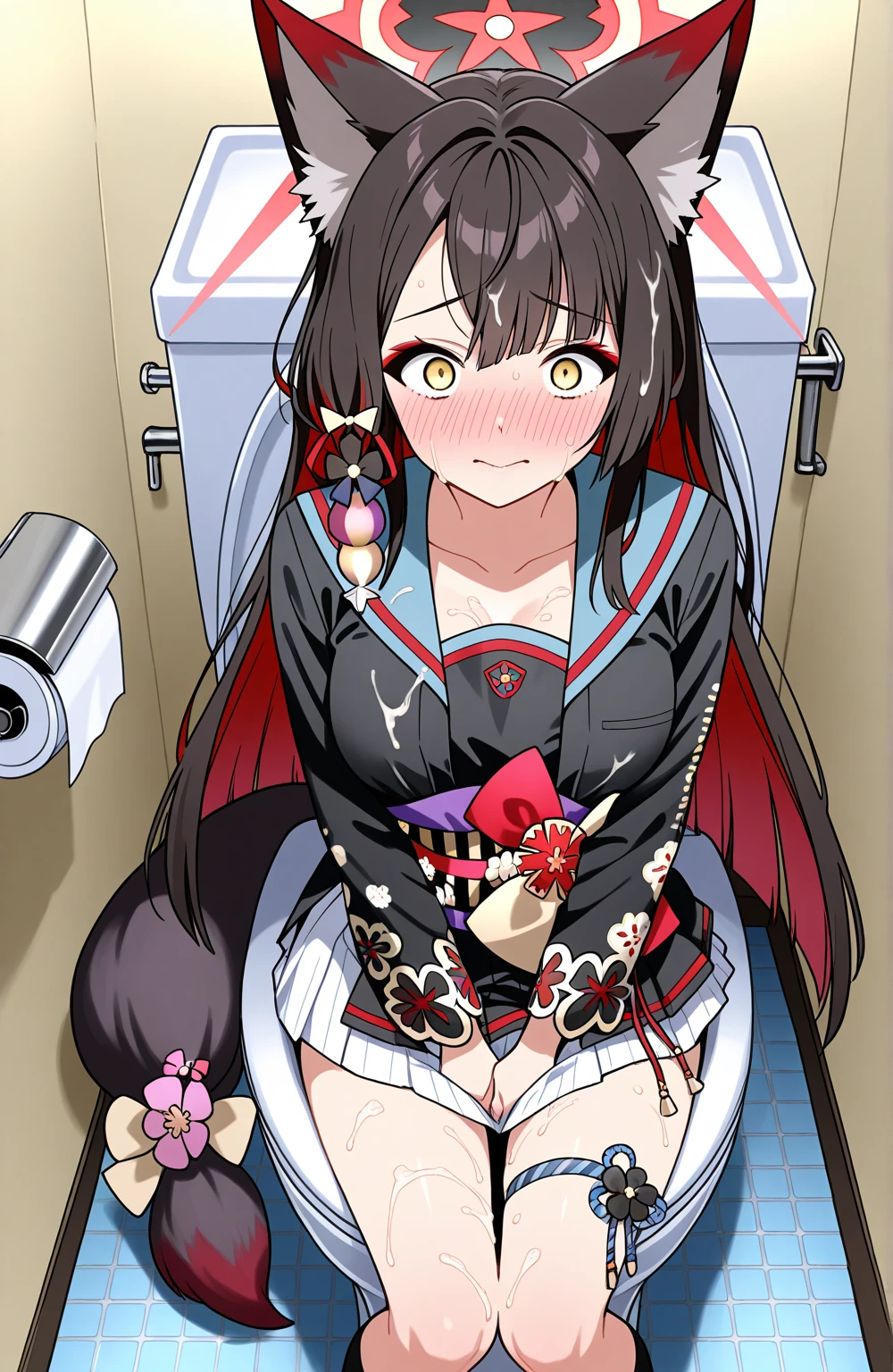 anime artwork, score_9, score_8_up, score_7_up, score_6_up, score_5_up, score_4_up,sparkle \(honkai: star rail\),1girl, twintails, black hair, small breasts, red eyes, red eyeshadow, fox mask, , , , , she is 24 years old, , ,horny, style_3, floox style, . She has fluorescent pink eyes with tiny black dots under each of her eyes.. naked, , naughty smile, , towel wrapped around body, sit in sofa, leaning on back, grey background, thick thighs, naked towel, , spread legs, pussy, see-through , female masturbation, fingering