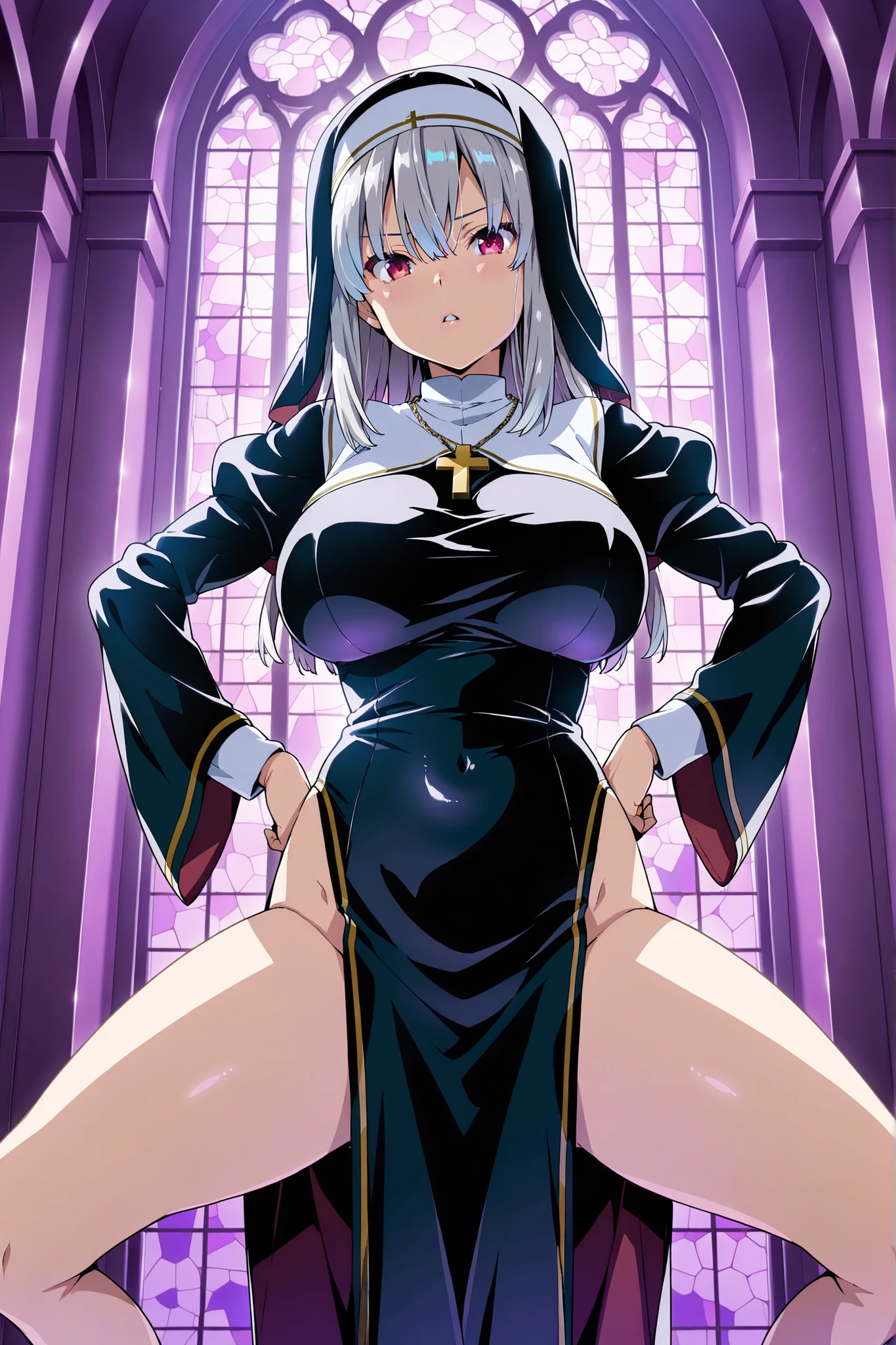 One Girl、Long Hair、Slightly large chest、(Slightly large chest:1.4)、Thick thighs、(Thick thighs:1.2)、Silver Hair、Golden Eyes、(Highest quality, 8k, 32K, masterpiece, Ultra-high resolution,:1.2),to be born, One Girl,So cute , Natural light,clear, Shining Eyes, 20-year-old ,Fair skin, See-through,((Extremely detailed CG unified 8k wallpaper)), (Huge and stunning goddess shot, Very hot and sexy, Incredible beauty, Perfect Proportions, Beautiful body, Slim body beauty:1.4), Medieval church, Brick wall, , ((Nuns, wearing white Nuns's outfit, Skins not showing, cross, Intricate details:1.3)), White Saint, Center of chest, smile, pray,sexy bra,Tie pants,Thong underwear