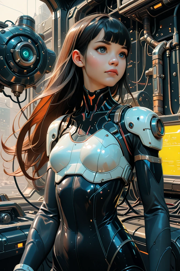 AI girl in exosuit as supermodel on a mecha-bike, full body, intricate detailed, back view, looking back, best as AI can reach