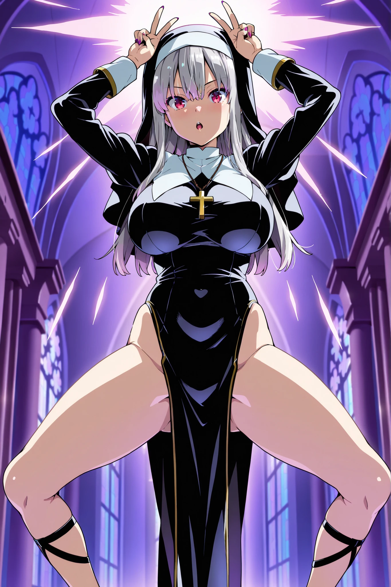 carmilla, pechos medianos, desnuda, naked, pelo blanco, hermoso rostro, ojos azules, (Obra maestra:1.2), Mejor calidad, absurdos, high resolution, fondo de pantalla extremadamente detallado, perfect lighting, Desde abajo, medias, stockings, tacones, hig heels, pussy, nsfw,+18, BlackRealStockings