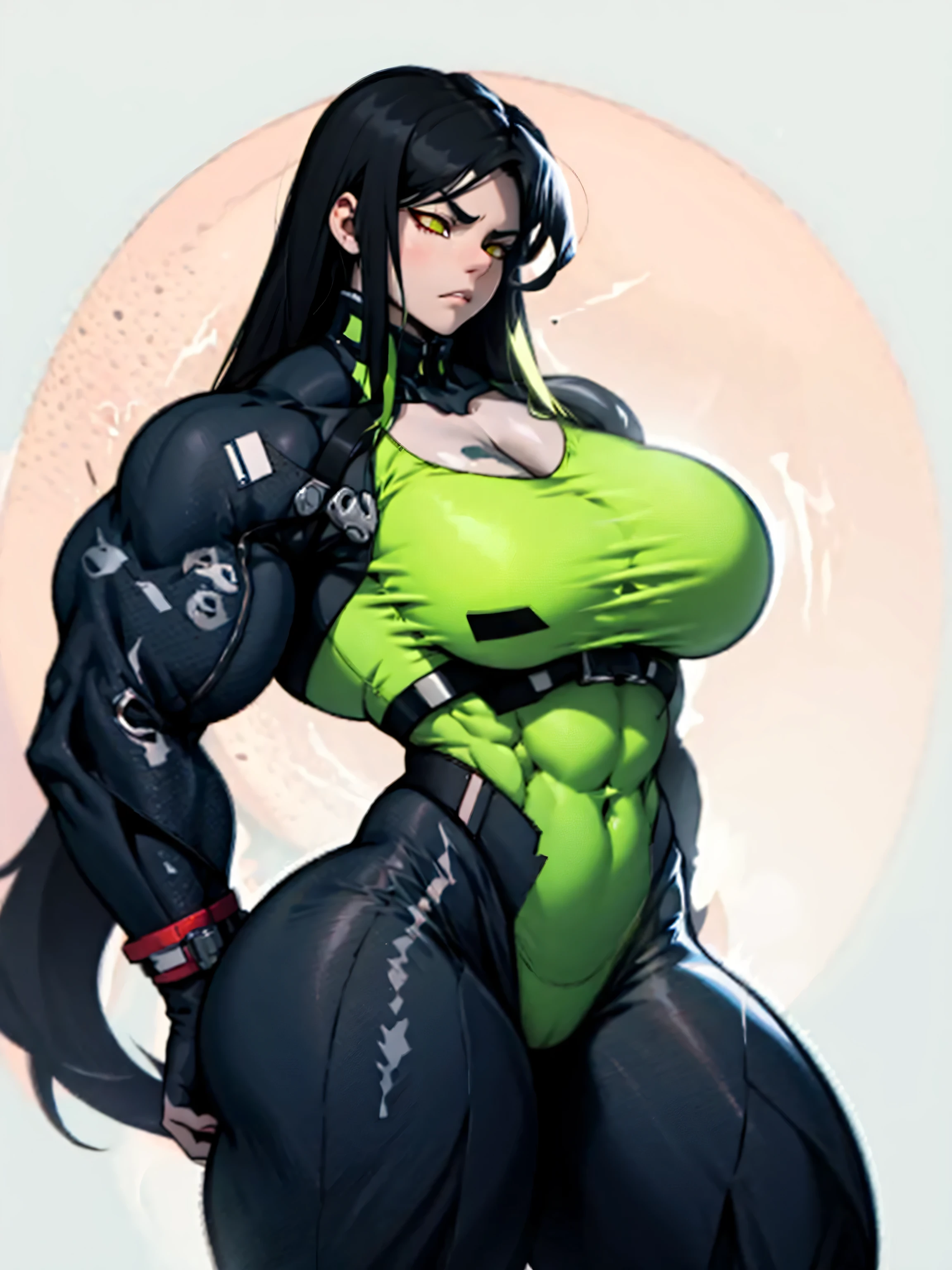 grey background micro bikini 1girl black hair yellow eyes very long hair pale skin angry (bodybuilder huge breasts muscular toned body curvy wide hips thick thighs)