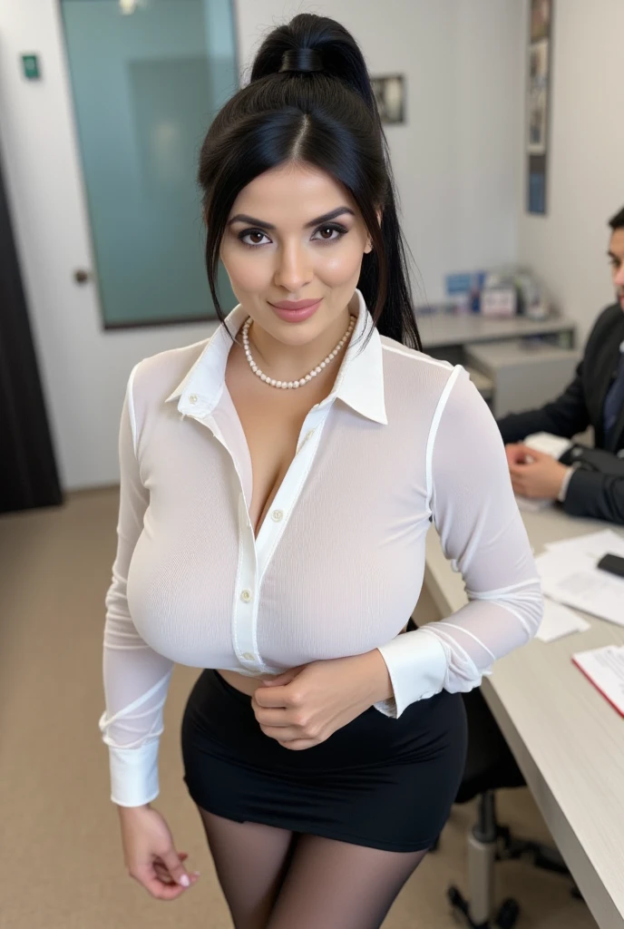 A Realistic photo of a kim kardashian in office, big floor to ceiling windows, wearing black office clothes, black blazer, white shirt, black skirt, fully dressed, smiling, photographed from the back, turned head (realistic skin:1.3), (textured skin:1.3), (perfect large breasts:1.3), (perfect teeth 1.3), amateur Photography, Photorealistic, Detailed, analog, poor quality, grainy