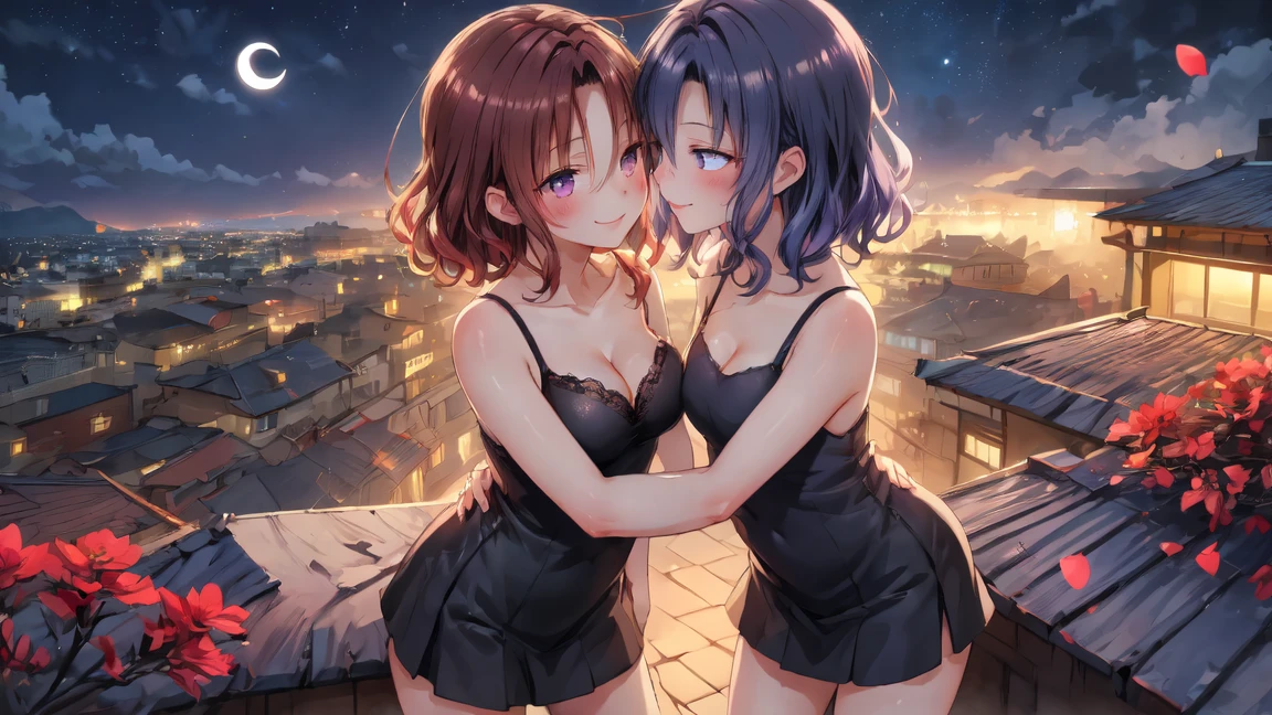 Two women having fun in the lake、lewd:1,2、Metamorphosis:1,2、NSFW:1,2、Lesbian Yuri:1,2、blushes、Wear a tank top and skirt、((night))、