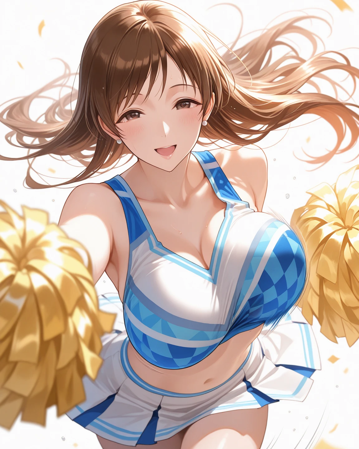 Beautiful beauty、激しいCheer Dance、Cheerleader、Mine Fujiko、elegant、Beautiful eyes、 brown hair、sexy、Sweat、A friendly smile、Fantastic Light、Rembrandt Light Magical Gentle Light 、starrynight,Full body stockings underwear、translate bodystocking,Big Breasts、Bust 100、detailed groin、thigh body stocking、Raise both arms and hold pompoms(Cheer Dance)、Raise one leg high 1.5、I can see her panties、blue sky、、Fluttering petals、ART、UHD、highest quality、masterpiece、