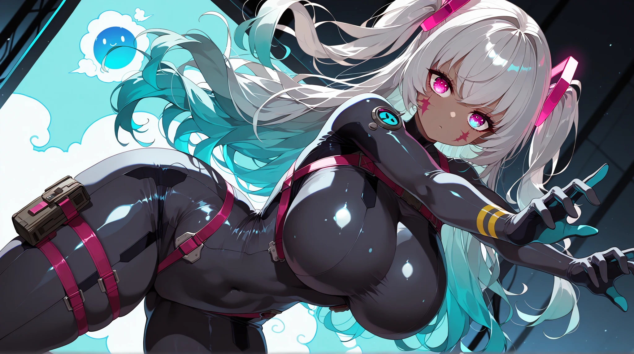 Erotic Anime Illustration、highest quality、Sex Appeal、Downtown Festival、smile、Splatoon、A wall covered in graffiti paint、Buxom bitch cop shows off her pussy to the crowd、Perfect proportions、Very large breasts、Fatty legs、Beautiful, shining eyes、Sweaty、Cowboy Shot