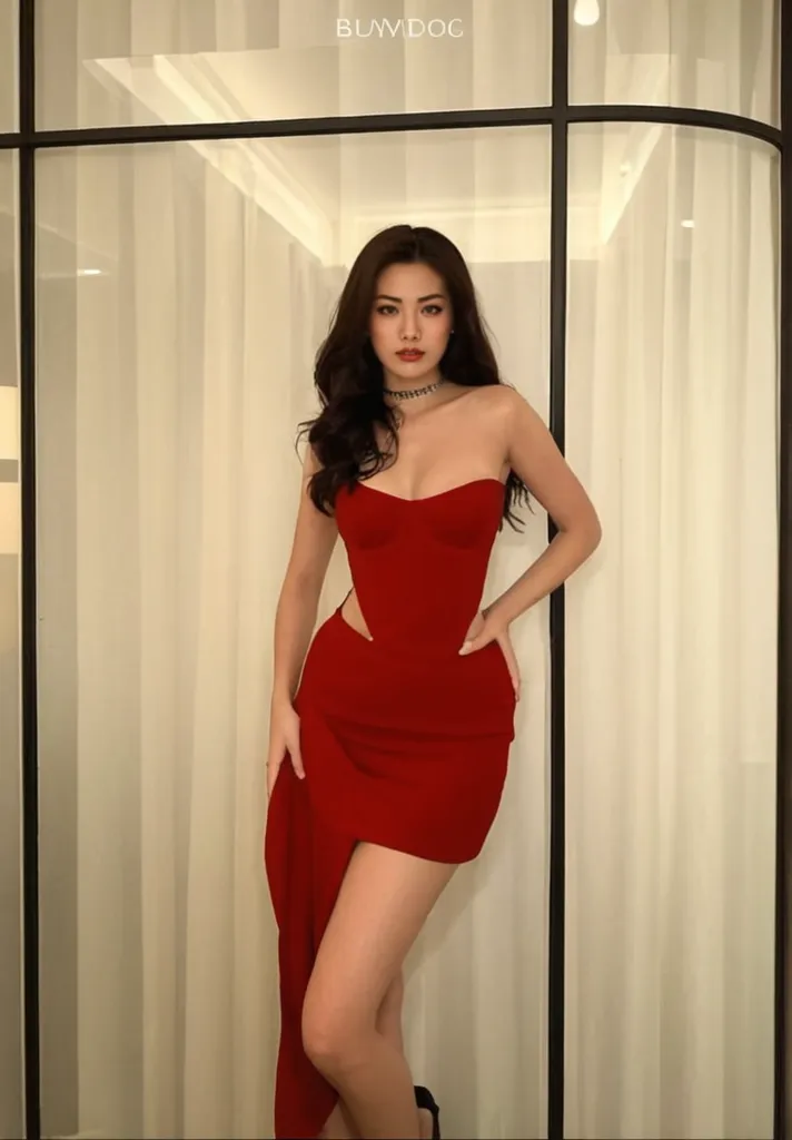 Capture the essence of a stunning fashion model on a RAW photo. Shoot in ultra-high resolution 8K to showcase every intricate detail. Frame her from head to toe, highlighting her beautiful face with striking features: detailed eyes, long eyelashes, and a goddess-like presence. Her medium breasts are subtly accentuated under the red and black long dress, which hugs her curves perfectly. A belted waist and matching bag add a touch of sophistication. The camera pans out to reveal her confident stride on the fashion show stage, adorned with red heels that leave a trail of glamour behind her.
