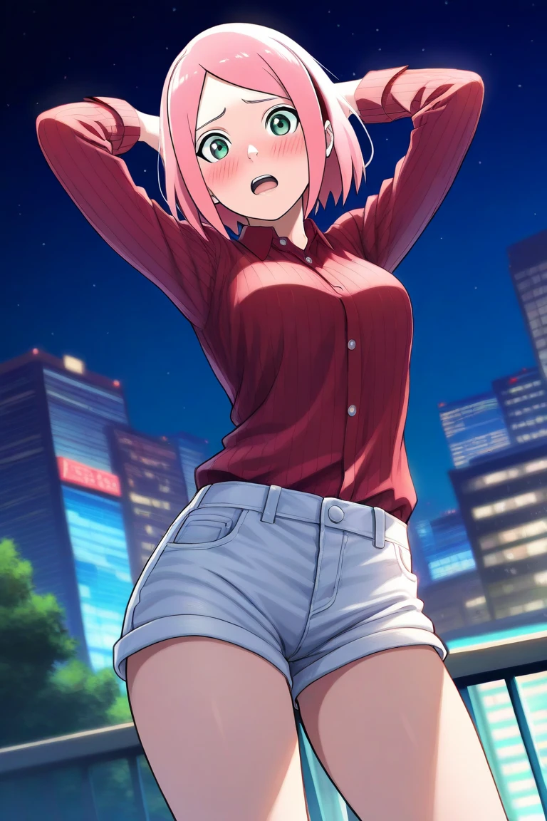 high quality、16km race、anime screen capture、((NSFW))、Ro○li、low length、(((small breasts)))、(○ Obesity)、(thick thighs)、(pink hair)、(((wavy hair)))、A○ge、(bar)、 ((short hair))、b○b cut、(dripping sweat)、((((surprised))))、:d、(m○uth wide○ pen)、((orange eyes))、(((embarrassing)))、white leotard、((yellow lens goggles))、pink scarf、Brown handbag、white knee socks、Blue crystal、big ass、city、put your hands behind your head、jump between buildings、Both armpits