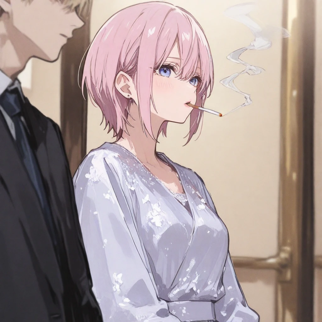 Anime woman with short pink hair taking pictures with cellphone, blushing