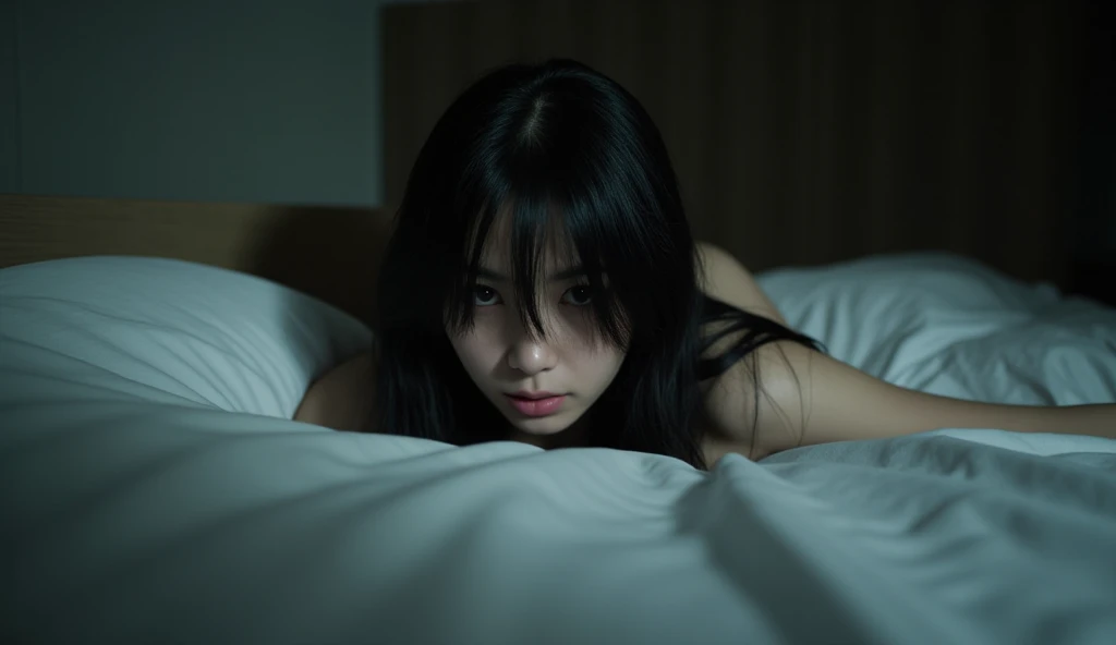 Masterpiece, cinematic. dark creepy. full body view . korean girl with blurred face with black long hair in black lce ,, lying onthebed , feet, taking a selfie in a mirror., , Polaroid, ,,dark black background,, retro style photo, realistic photo, vhs, vintage style, depressive atmosphere