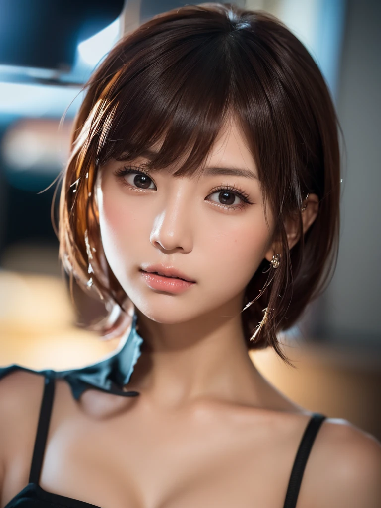 One Japanese idol, (RAW Photos, Highest quality), (Realistic, Photorealistic:1.4), Tabletop, Very delicate and beautiful, Very detailed, 8k wallpaper, wonderful, In detail, Very detailedCG Unity, High resolution, Soft Light, beautiful detailed 25 years old, Very detailed目と顔, Beautifully detailed nose, Beautiful attention to detail,Cinema Lighting,City lights at night,thin,smile, (Medium Hair, My hair is messy, Asymmetrical bangs, Light brown hair), higuchi_Madoka