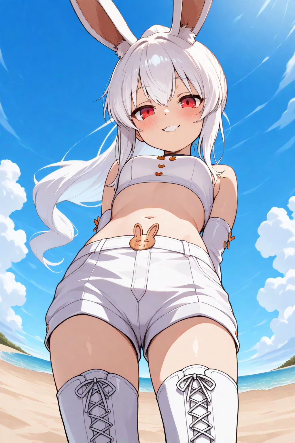 1girl, loli, provocative pose, solo, white hair, blush, messy hair, (white bikini:1.2), open mouth, smile, (hair slicked back:1.2), ponytail, thighs, legs apart, wedgie, outdoors, best quality, masterpiece, absurdres, shiny skin, oiled skin BREAK (best quality:1.2), ultra-detailed, fine detail,