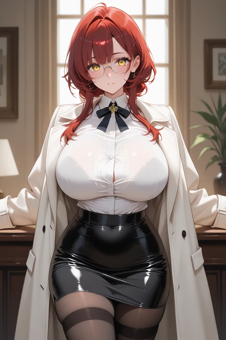Female ,Enthusiastic, Round orange glass glasses, big breasts, Short orange hair, Small hips, Working as detective, detective clothes, investigating