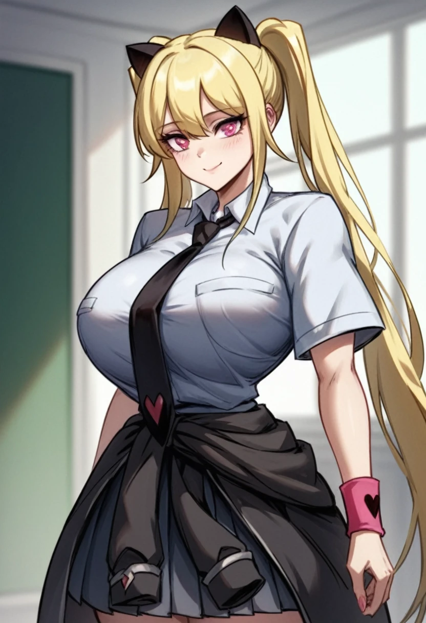 (top-quality、​masterpiece)、1girl in、A stunning、a blond、barechested、School Uniforms、Sheer clothes、perspiring、(((Brown skin tone)))、sun burn、Mole、(((Colossal tits)))、large full breasts、Sheer areol、Pink underwear is visible、neck tie