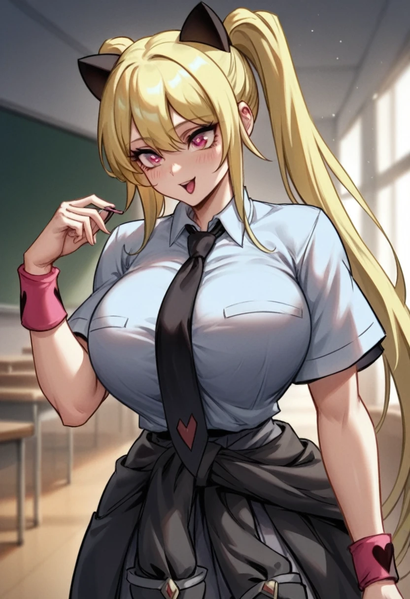 masterpiece, best quality,1girl, bangs, blonde hair, blush, breasts, earrings, holding weapon, large breasts, long hair, looking at viewer, multicolored hair, open mouth, parted lips, school uniform, smile, standing, thick thighs, twintails 