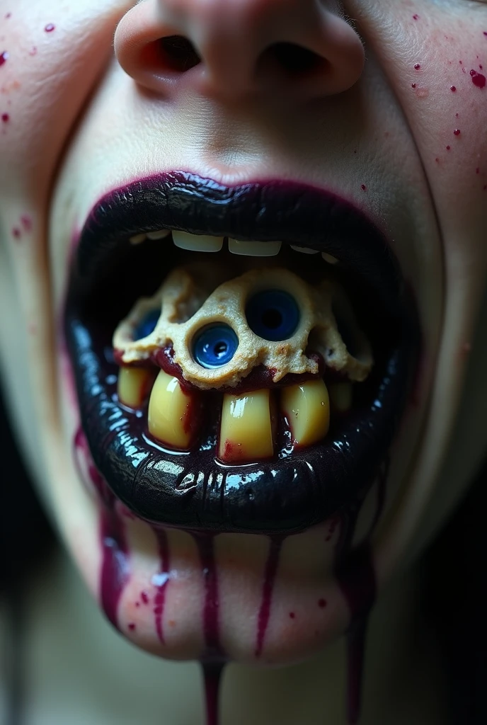 realistic transparent teeth made of plastic, blue blood, blue liquid in mouth, blue gums, abstract image, deformed, 2 mouths, happy mouth expresion