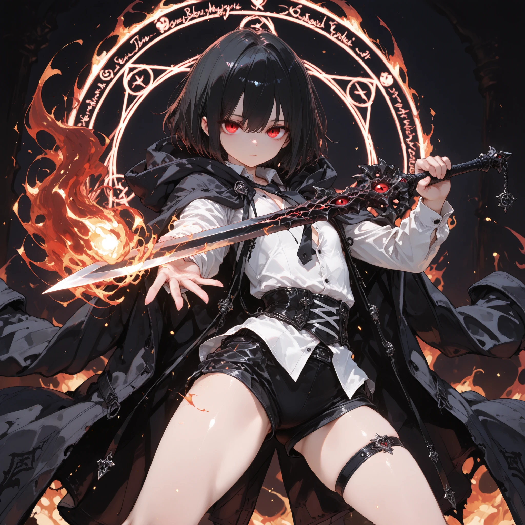 ((best quality)), ((masterpieces)), (detailed), perfect face, SOLO, ((((femboy)))), tomgirl, ANIME, beautiful detailed eyes, BOB hair, BOBed hair, BLACK hair, RED EYES, expressionless, hooded, Magical Eyes, dark background, ((BLACK HOODED coat draped over shoulders)), ((flat chest)), magic circle, ((HOODED coat )), ((hooded head)), dress shirt, short black shorts, bare thighs, ((Flat chest)), bailing_magic_circle, black tie, Cursed Sword from Encyclopedia, holding sword, Sword Stances, thigh strap, (Fire magic)