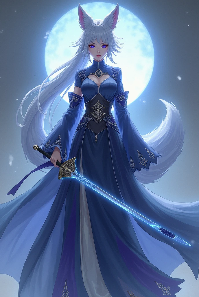 Silver-haired armored kunoichi, blue eyes with aggressive stance wielding dual ninja-to wearing black and dark blue Japanese ninja armor on Japanese castle roof against night sky and shadow of black tiger
