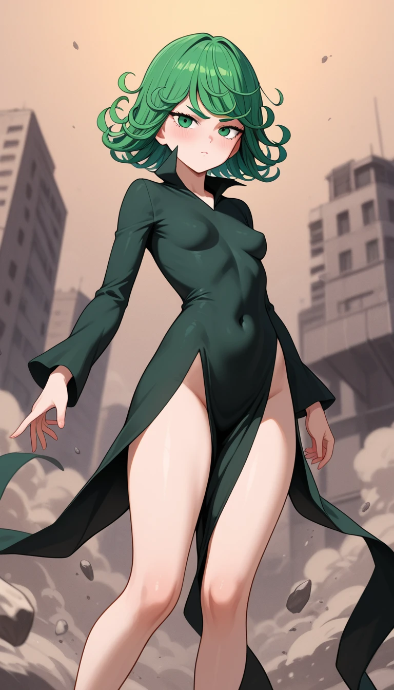 Tatsumaki de um homem de soco, cabelo verde curto, olhos verdes, peito pequeno, whole body view, vestindo vestido preto de gola V com mangas compridas e quatro fendas de pernas de corte alto, sorridente, Standing in a destroyed city, dynamic pose, Dynamic view, hands on hip,