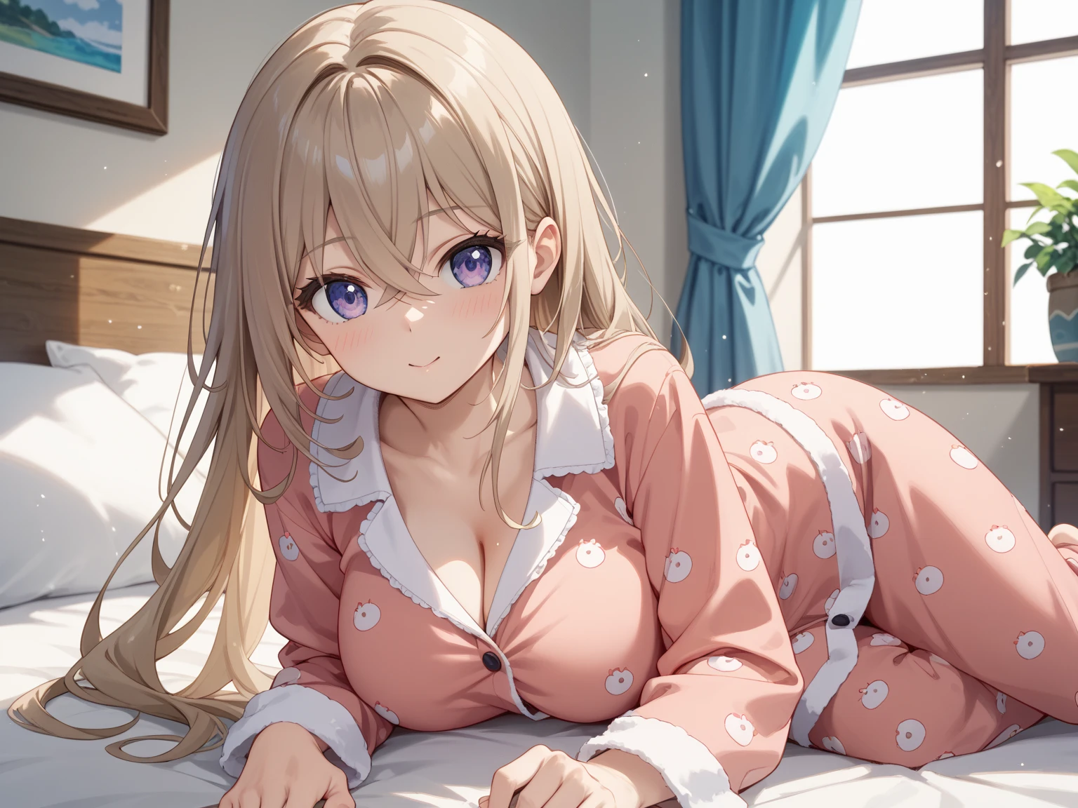 An anime-like picture、1 Girl、pajamas、Cleavage、On the bed、blush、Embarrassing