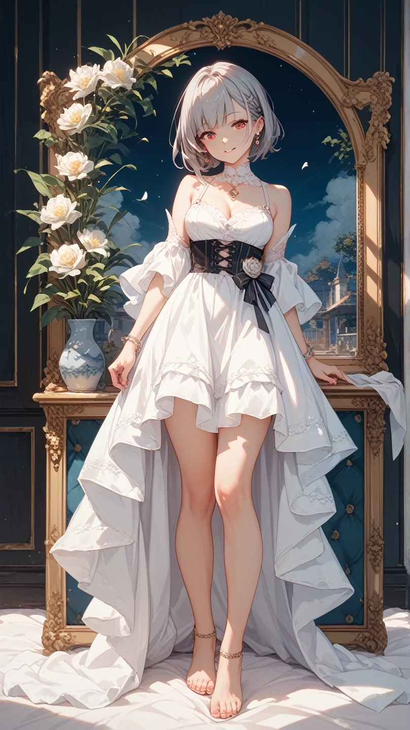 masterpiece, highest quality, One Girl, Thighs, beautiful girl, Flowers, Lots of small petals, Small waist, Official Art, RAWphotograph,The needle is accurate、Face Light, Dynamic Lighting, Cinema Lighting, Ultra-realistic, High resolution, photograph, Sharp focus, Highly detailed eyes and face,Symmetrical face, whole body、Large Breasts、Long Hair、チラリと見えるThighs、Beautiful cleavage、Maid、White dress shirt、Black shoes、Beautiful feet、Embarrassing breastodel standing