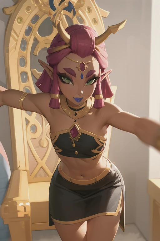 ((Full body, standing):1.5), Only Princess Zelda:wearing extremely tight-fitting black maid outfit, with short white shorts, extremely large breasts, very short pink hair, blue eyes, posing erotic, smiling and looking at the viewer, in an Egyptian tomb full of sarcophagi, with mummies inside. egyptian style. anime, anime, Hyperrealism, Hyperrealism, 16k, ((high quality, high details):1.4), UHD, masterpiece