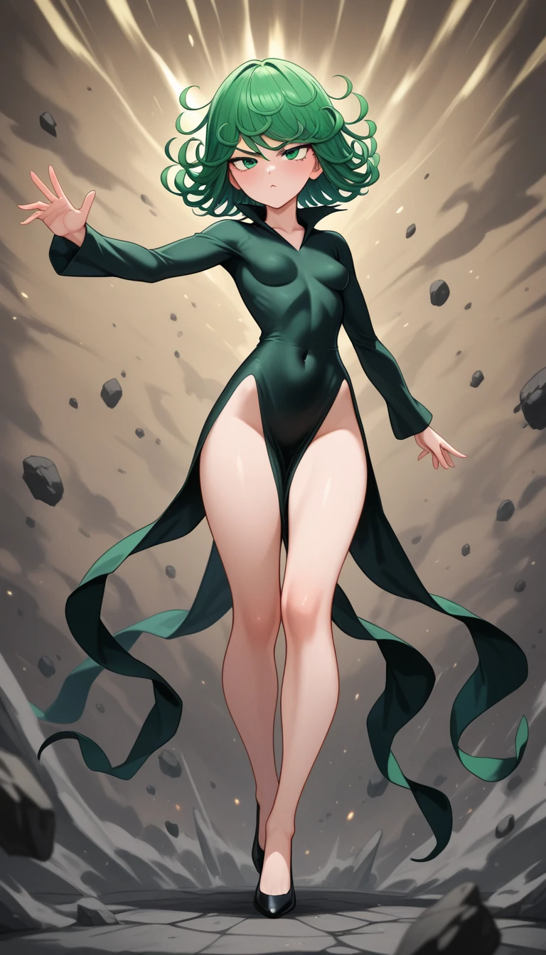 (work of art, best qualityer:1.4), (whole body), 1 girl, standing alone, out, in a desert with sand and dust, tatsumaki, (pelvic curtain:1.2), long sleeves, black gown, (hair green), shorth hair, medium breasts, beautiful smiling, beautiful face, high-detailed face, highly-detailed eyes, highly detailed skin, skin pore, (((floating with a green aura))), underground dispersal, realisitic pupils, full-face blush, fleshy lips, Depth of field, volumetric lighting, sharp focus, absurderes, realisitic proportions, good anatomy, (realisitic, hyperrealisitic:1.4), 16k hdr