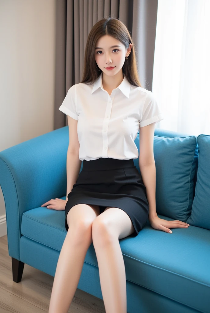top-quality、masterpiece、超A high resolution、(realisitic:1.4)、Bautiful Women1、Beautiful detail eyes and skin、smile、Light brown middle-cut hair, She is Wearing a shirt and red suit, gorgeous chinese model, photo of slim girl model, IG-Modell, beautiful female model, 24, 24 years old, shirt and red suit, white skin, long-sleeved shirt, office, sitting on the chair in office room, a laptop, long skirt