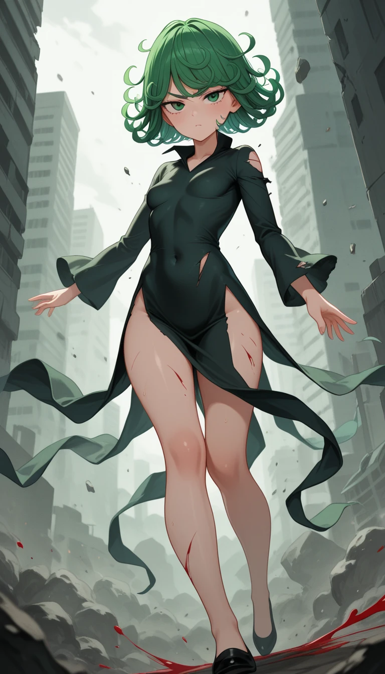 fubuki from one punch man, green eyes, short deep green hair, wearing dark green form-fitting V-neck dress, standing on a destroyed city, cinematic shadow, cinematic fog, blushing, joyful expression, dynamic pose, big breast, big hips, full body view, back body view, heels,