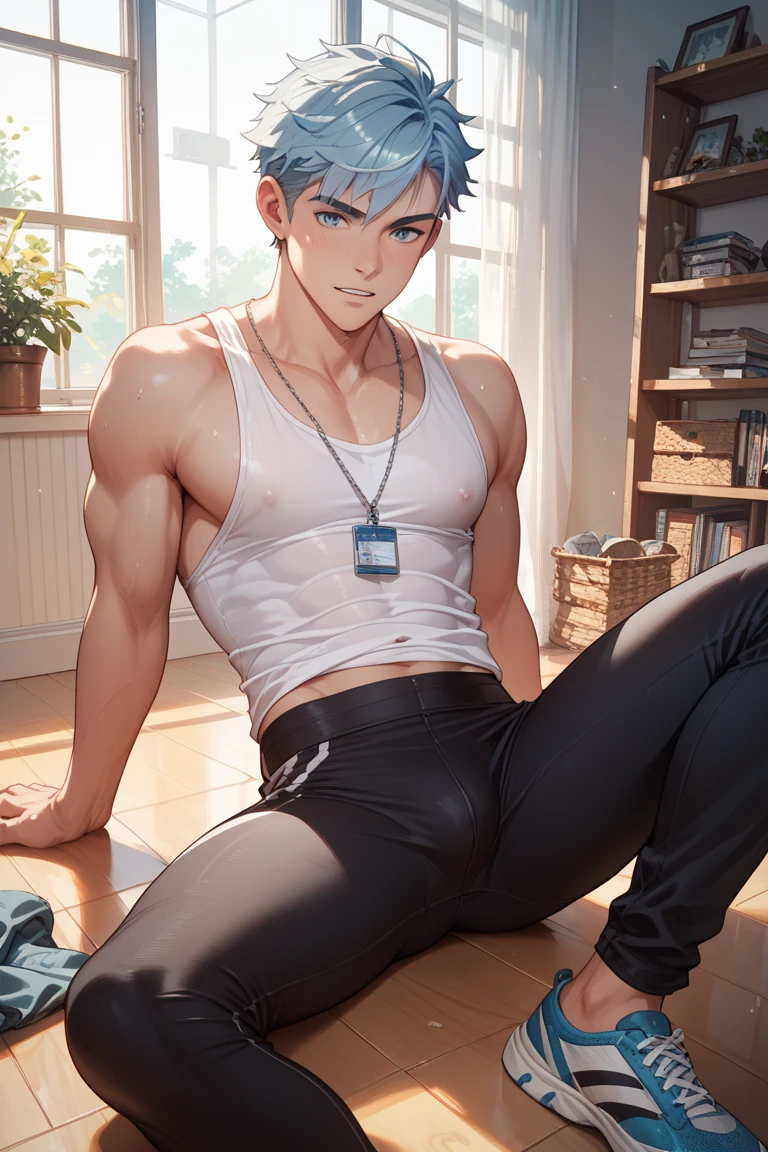 ((((((1boy)))))), fluffy vibrant blue hair, wolf ears, wolf tail, slim figure, ((pale skin)), RED eyes, dead expression, living room setting, seductive smug, baggy black hoodie, lean figure, big thighs, very slim waist, extremely big butt, bulge, thigh highs, blush