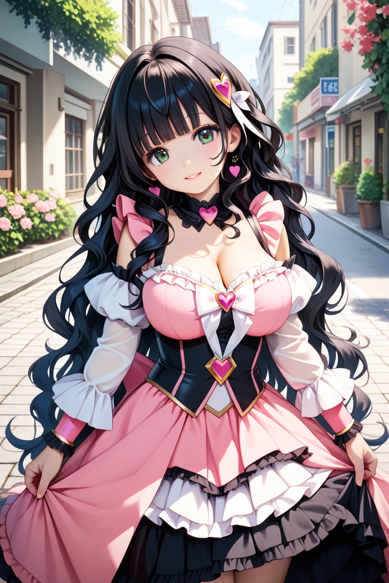 Hentai、High resolution、A busty girl with a plump figure smiles and shows off her sexuality in the downtown area、Pretty Cure、Tohsaka Rin、Magical Girl Frilly Skirt Dress、Perfect proportions、Cowboy Shot、Fatty thick legs、Clear eyes