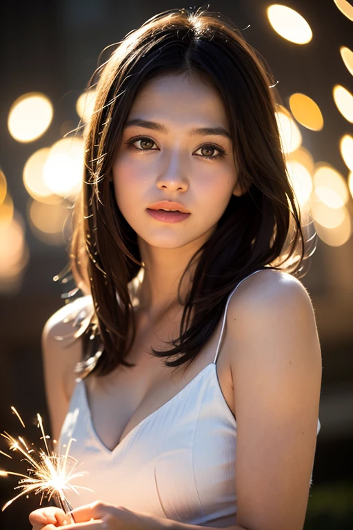 masterpiece, highest quality, 8k high quality photo, cinematic lighting, deep shadow, 1girl, gorgeous face, fearless smile, smooth soft parl skin, light-blown medium wavy hair, looking into camera, (standing on european street), model posing, front view,((cowboy shot)), (frilled dress:1.2), at late night, ((night:1.5))