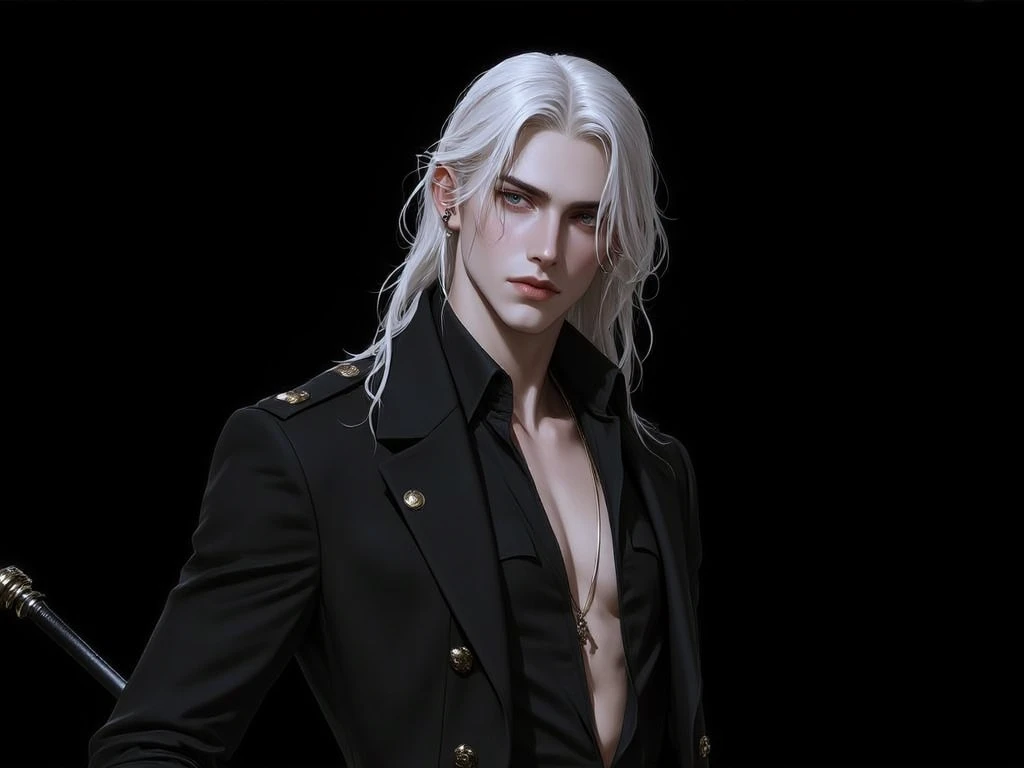 ((1 boy:1.2)),An ultra-high picture quality,​masterpiece,Cut your bangs,Long hair,(silber hair),Dark Fantasy,fullmoon,red eyes,Pants Style,Silver Accessories