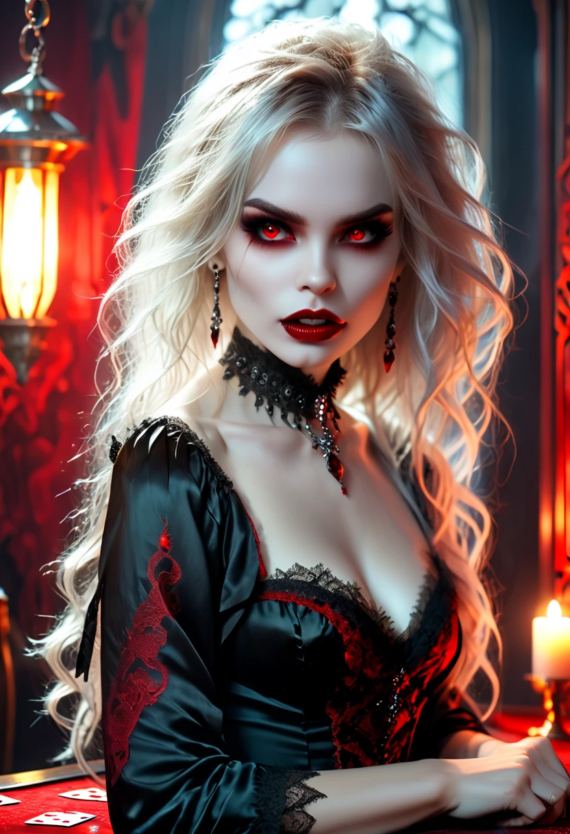 a portrait of a vampire playing poker game of cards, holding cards ((cards not shown:1.5)) the cards are dripping blood, an exquisite beautiful vampire, goth vampire, ((dynamic hair color: 1.5)), white pale skin, some blood veins are seen on the skin, red lips, red eyes, glowing eyes, wearing goth dress, silk dress, there are diamonds on the dress, earing a choker studded with a red diamond, ((vampire fangs:1.5)), she sits near a poker table in a dark fantasy room, there is a playing table, torch light,  vibrant, Ultra-high resolution, High Contrast, (masterpiece:1.5), highest quality, Best aesthetics), best details, best quality, highres, ultra wide angle, 16k, [ultra detailed], masterpiece, best quality, (extremely detailed: 1.5), vampire fangs, NRART