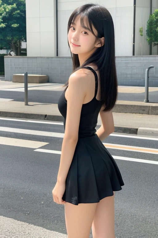 ((Best Quality, 8K, Masterpiece: 1.3)), Sharp, Perfect Body Beauty, slender thigh, Slim, ((black wavy hair, bow hair)), (Mini gowns on sneakers), (standing), (garden), Highly Detailed Face and Skin Texture, Detailed Eyes, Double Eyelids