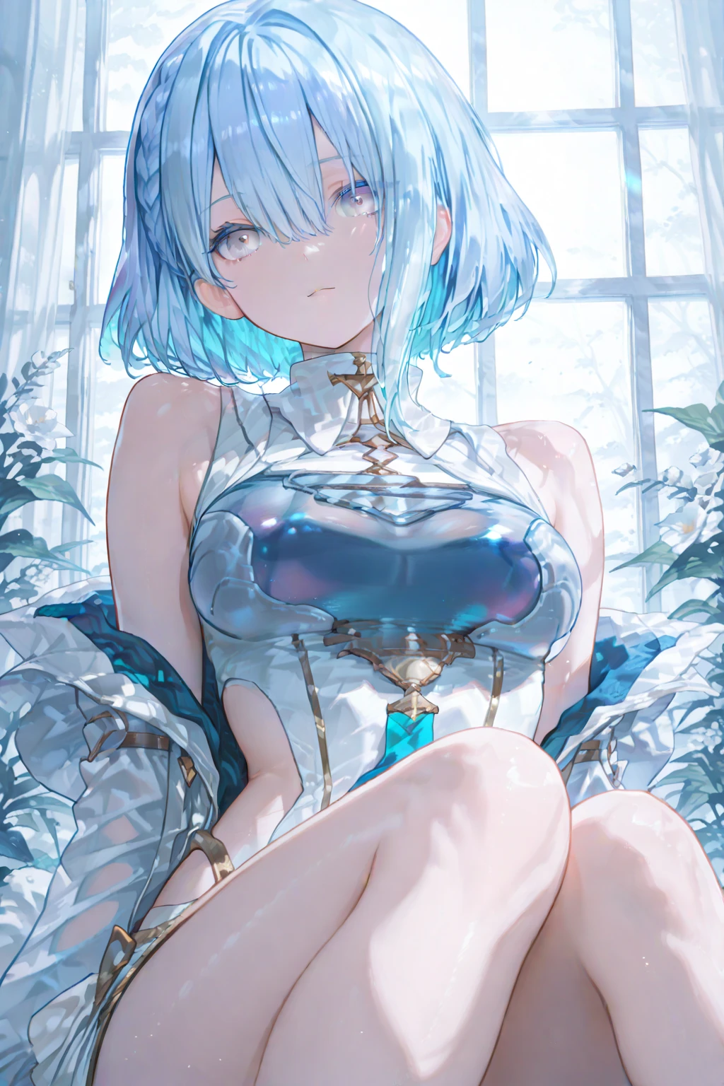 Adult woman, Short blue hair, blue eyes, big breastes, pale skin, Ice Crown, ice dress, Cold, unemotional look, Masterpiece, hiquality