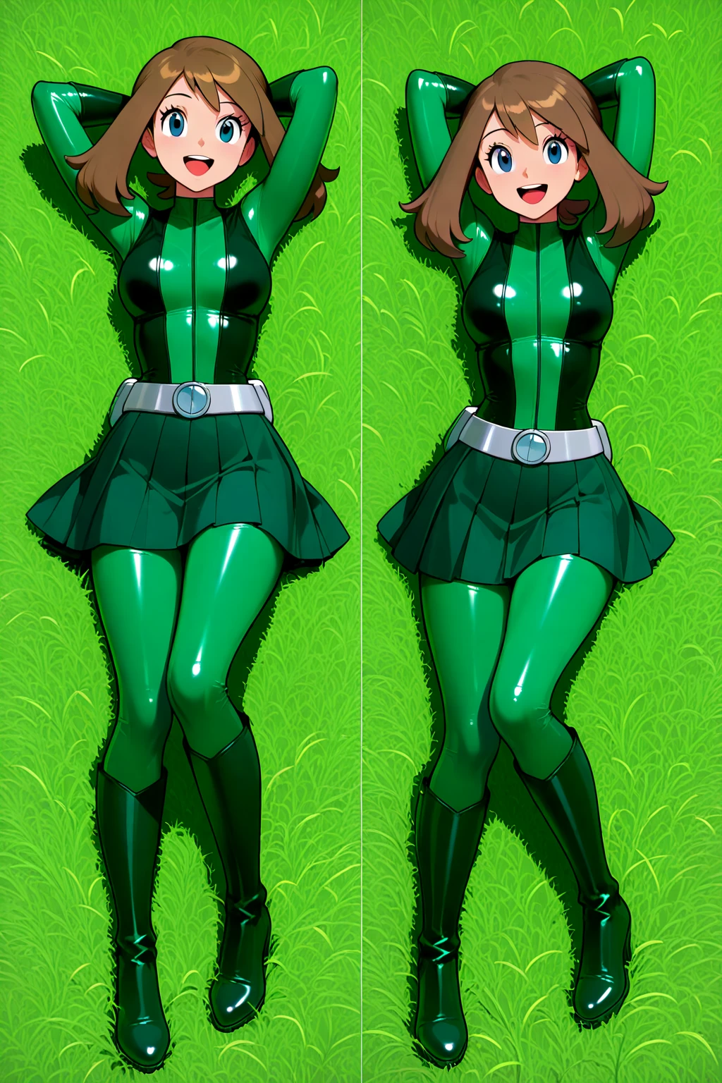 masterpiece, best quality, highly detailed, 8k, horror background, anime, 1girl\(20-year-old, queen, grinning, evil, athletic:1.2, muscular:1.2, abs:1.2, long legs:1.4, curly red hair, big breasts, green stockings, green thigh boots with high heels, revealing clothes:1.2, slender waist, tight butts, beautiful face, red eyes, dynamic pose\), full-body image:1.2