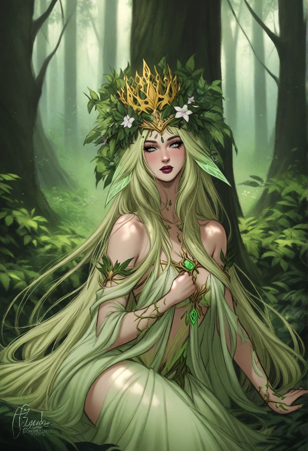 masterpiece, top-quality, 1 dryad、Slim body、small tits、exceptionally detailed anatomy, Leaf clothes、Leaves of the head,,,,,,、ssmile、lovely, emotive, Charming, Bewitching、Giant trees、Branch corridor、World Tree、Fantastical、Slim body、small tits、(((detailed and beautiful faces)))、beautidful eyes、17 age、Tree Spirit、In the deep forest、Nymphs、myth 、PsyAI、Dynamic angles