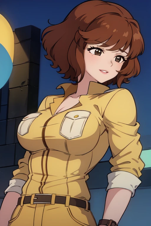 （（super high quality,Ultra-high resolution,16K,super masterpiece,Ultra HD ,Detailed shading,））Dark back alley,（（One woman,Sexy older sister））,Cleavage,Yellow jumpsuit,White belt at waist,popped Tight collar,smile,blush,Sweaty,Looking straight ahead,holding a microphone in his hand,A small amount of drooling,Love juice from the crotch,slouch,