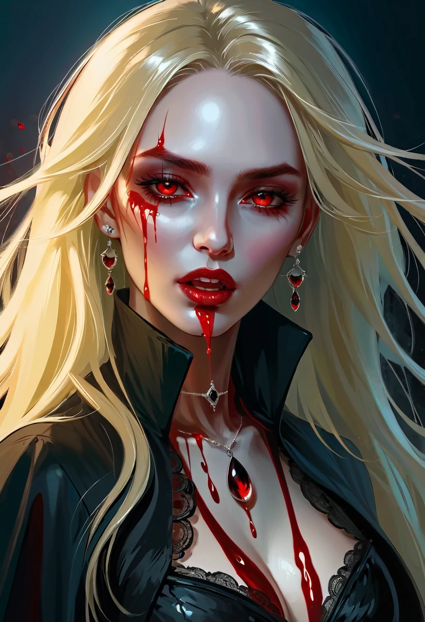 a portrait of vampire with a bloody tear coming down from he eye, an exotic beautiful female vampire, blond hair, dynamic hair style, ultra detailed face, best detailed face, dynamic eye color, ((1single red teardrop, teardrop made of blood coming down from the eye: 1.1)), Ultra-high resolution, High Contrast, (masterpiece:1.5), highest quality, Best aesthetics), 16K fantasy art, best details, best quality, highres, (ultra wide angle: 1.2), 16k, [ultra detailed], masterpiece, best quality, (extremely detailed), ladyshadow, magical sky, crying style