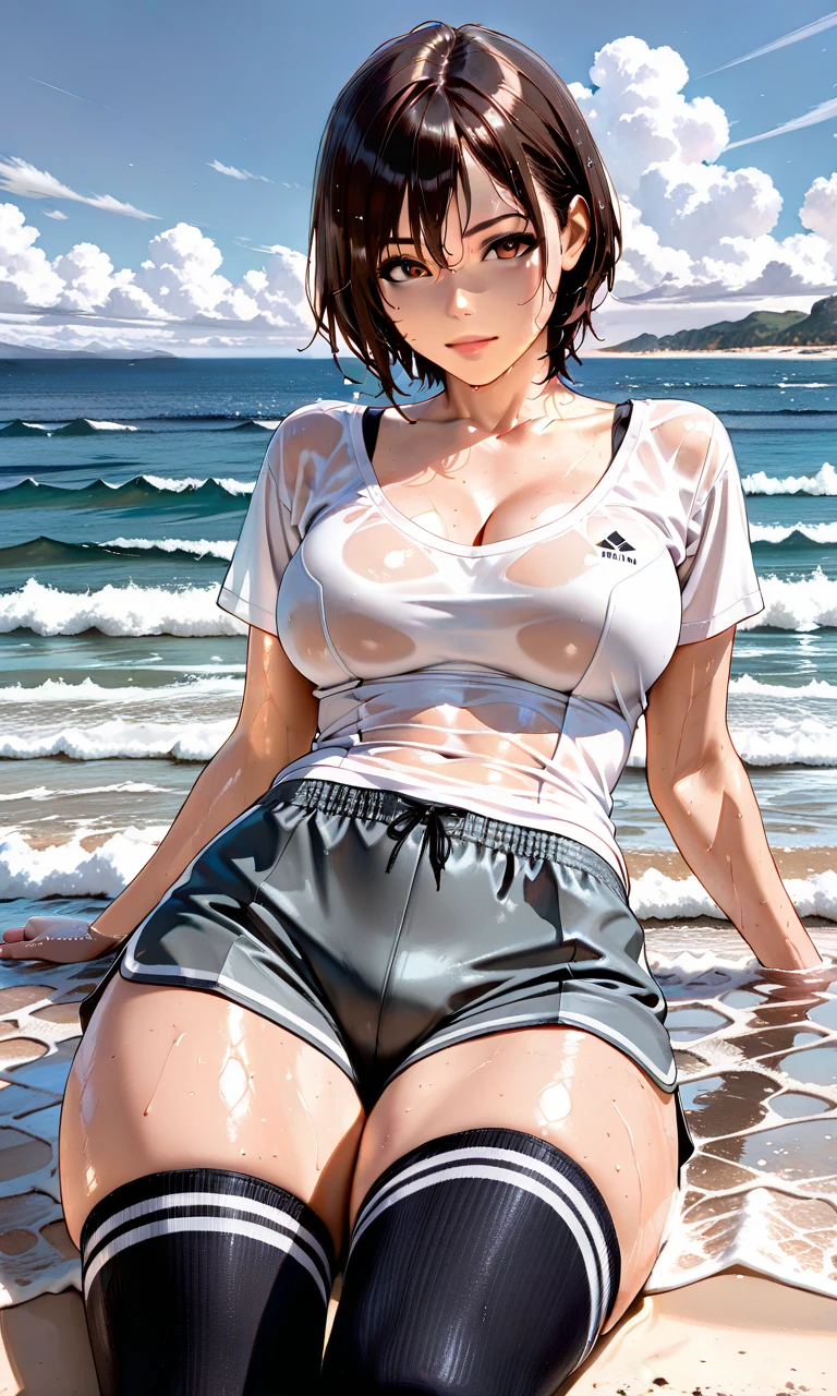 beautiful girl, 18 years old, Short hair, shoulder length ,black hair, blue eyes, big breasts, exercise clothes, white bra, Tight pink shorts,Wet with sweat, Sitting with legs spread , wear glasses, wearing star earrings, beach, Smile, close your mouth,