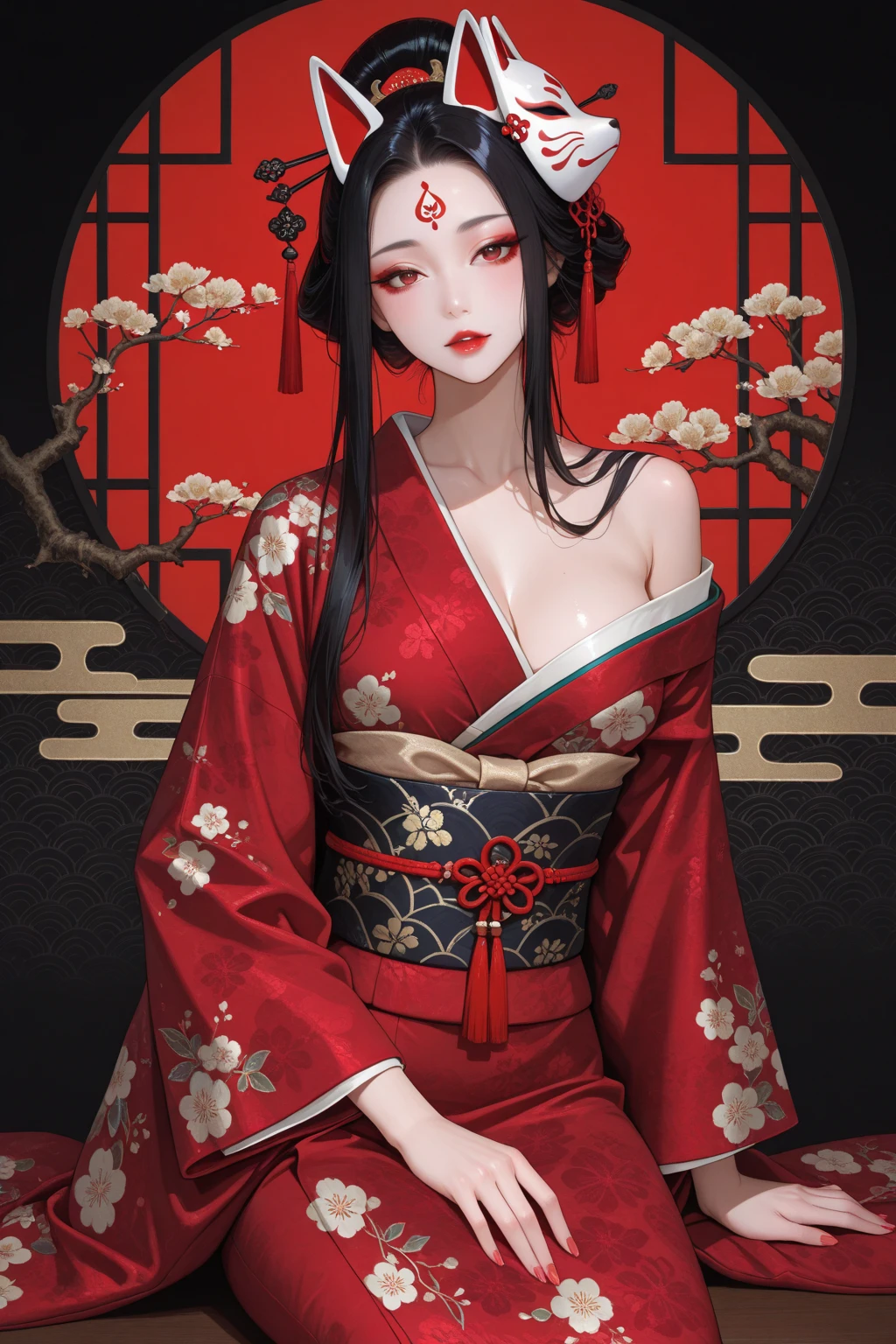 4K, Masterpiece, highres, absurdres,with a edgHimeCut hairstyle, 1girl, solo, long hair, breasts, bangs, large breasts, black hair, red eyes, cleavage, flower, japanese clothes, blunt bangs, kimono, hand fan, hime cut, folding fan, peony (flower) <lora:edgHimeCut:1>